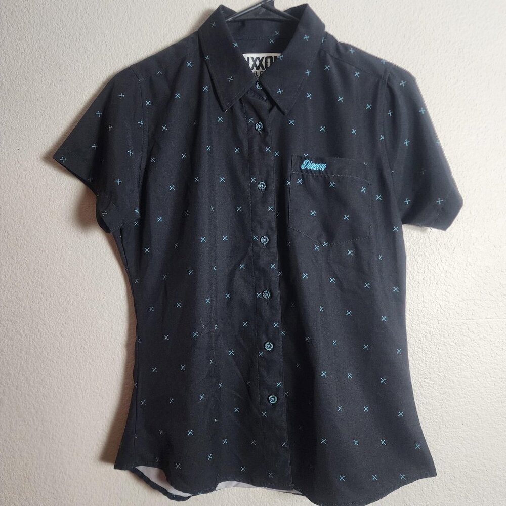 Dixxon Shirt Womens S Black Blue X Print Short Sleeve Button Front The Finney